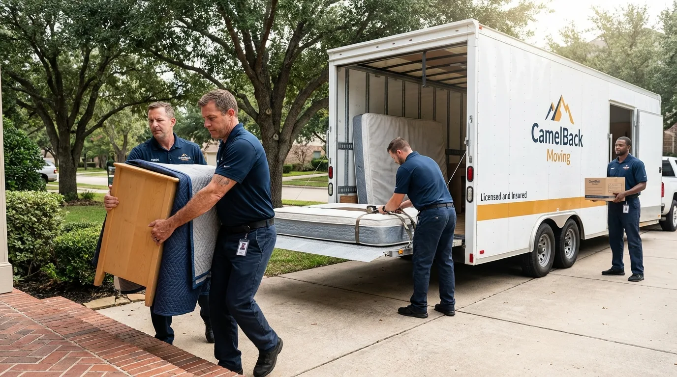 Crew loading residential truck for cross-state move from Tom Bean, TX