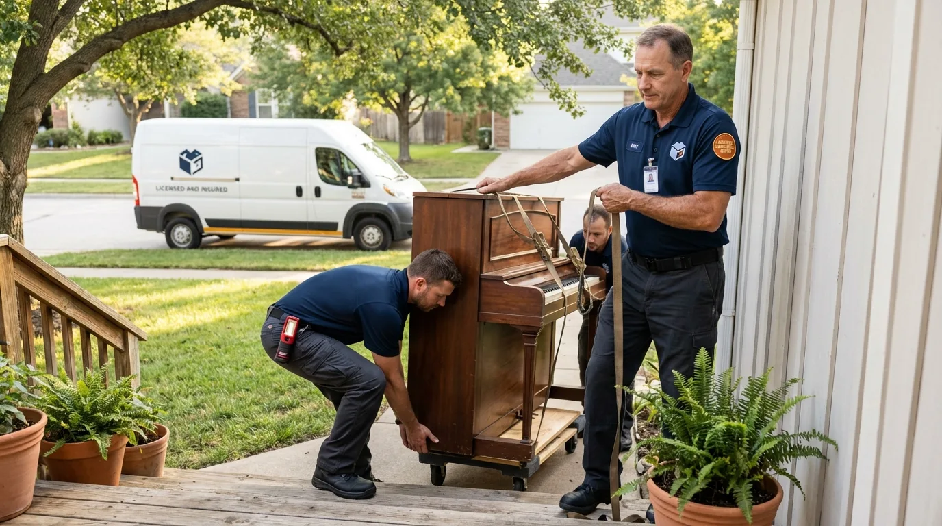 Licensed piano movers securing grand piano in Tom Bean, TX