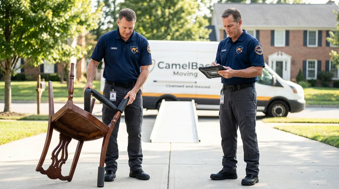 Movers inspecting furniture for damage prevention before loading in Tom Bean, TX