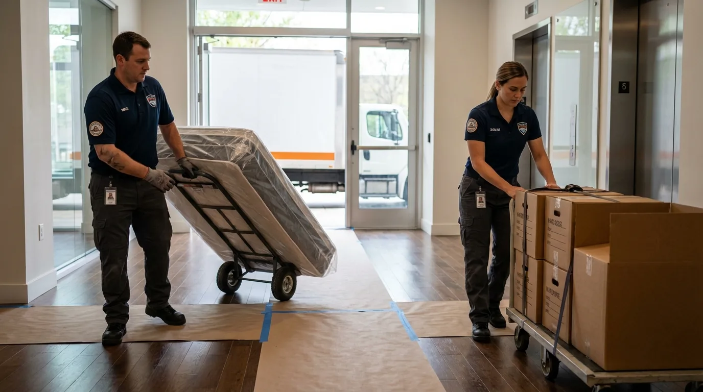 Professional apartment movers loading elevator in Tom Bean, TX